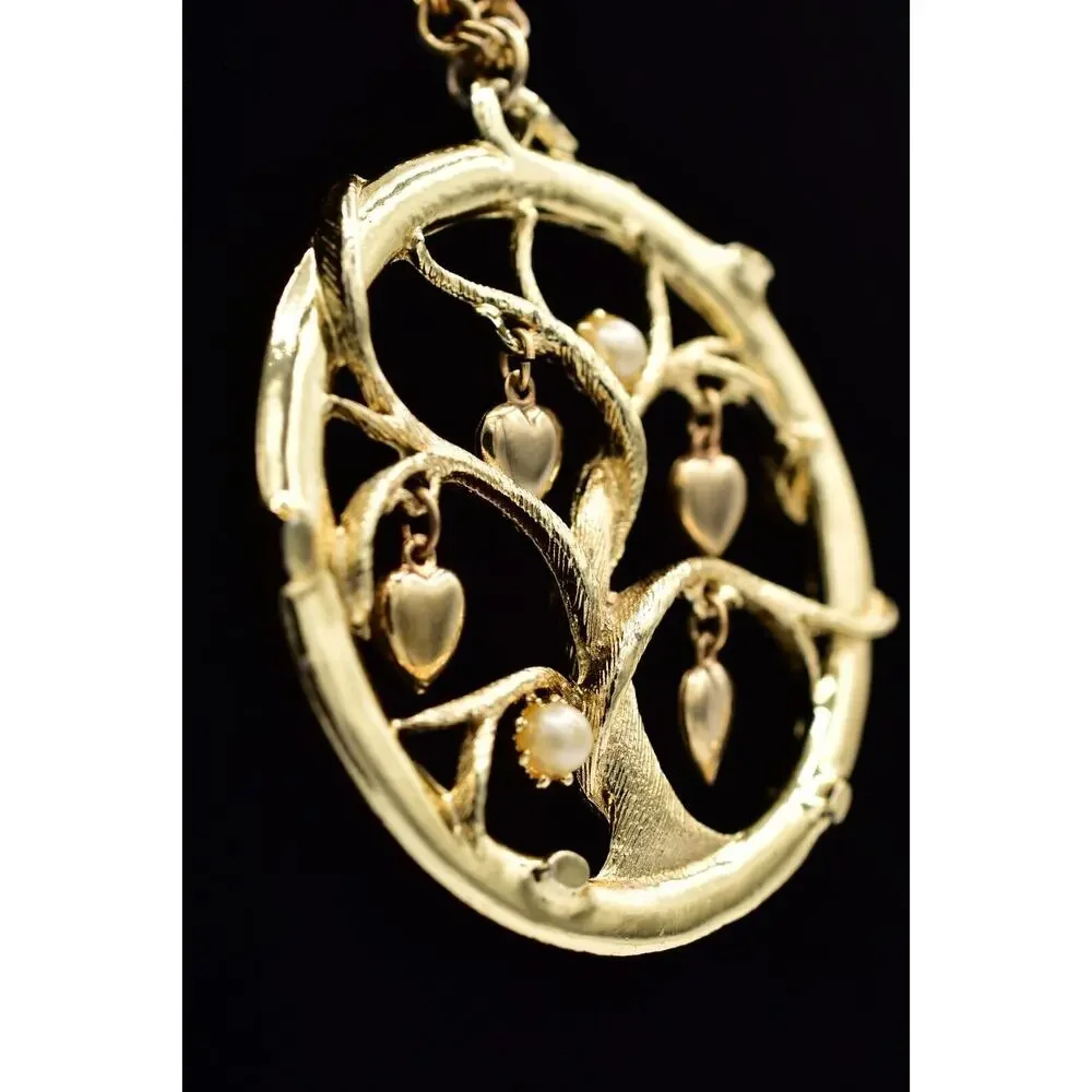 Vintage Tree Heart Pendant Necklace Pearl Charm Gold Tone Chunky 1970s BinBL